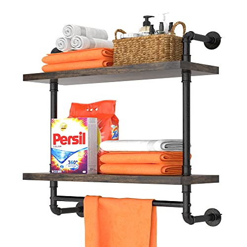 Helsin 24inch Industrial Pipe Shelving Bathroom Shelves Wall Mounted with Towel bar, 2 Tier Rustic Wood Floating Shelf, Metal Towel Rack Wall Shelf for Home & Bathroom (Brown, 24inch) - color: Brown, size: 24inch