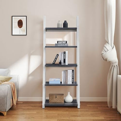 5-Tier Shelves,Bookshelf, Storage Rack, Bookcase with Rubber Wood Frame, Ladder Shelf for Living Room, Home Office, Kitchen, Bedroom, Apartmen (Grey+White 5-Tier)