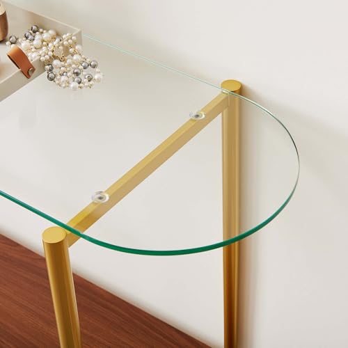 LumFurn Oval Glass Console Table for Living Room, Foyer & Entrance, 2-Tiers Mid-Century Modern Sofa Table with Clear Glass Top, Walnut Finish Wood Shelf and Gold Finish Frame - color: Oval L40.9" Clear & Walnut