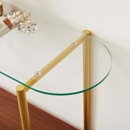 LumFurn Oval Glass Console Table for Living Room, Foyer & Entrance, 2-Tiers Mid-Century Modern Sofa Table with Clear Glass Top, Walnut Finish Wood Shelf and Gold Finish Frame - color: Oval L40.9" Clear & Walnut