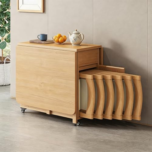 Folding Dining Table Set with 6 Chairs, Mobile Solid Wood Expandable Table, Space-Saving Drop Leaf Table, Multi-Functional Kitchen Island Cart for Small Apartment, Dining Room - 1.4m