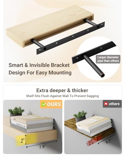 24 inch Long White Oak Floating Shelves for Wall, 8in Deep, Set 2 | 2" Thick Wood Wall Shelf, Heavy Duty Bracket, Bathroom Bedroom Kitchen Living Room, Non-tilting, 50LBS Capacity - color: White Oak, size: 23.6 x 7.9 x 2 (2pc)