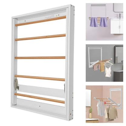 Wall Mounted Clothes Drying Rack, Folding Laundry Drying Rack with 5 Wooden Rods, 11LBS Capacity Retractable Clothes Airer for Bathroom Laundry Room Balcony