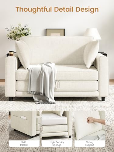51" Loveseat Convertible Sofa Bed with Cup Holder, Small Couch 2 in 1 Pull Out Sleeper Couch, Floor Folding Couch Sofa with Two Pillows for Living Room, Apartment, Dorm (Beige) - color: Beige