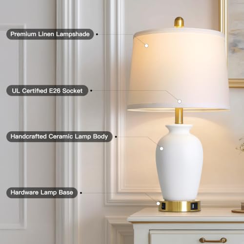 Set of 2 White Ceramic Modern Table Lamps with Ginger Jar Design - for Living Room,Dining Room,Bedroom,Office,Nightstand,End Table - color: White(Unglazed)
