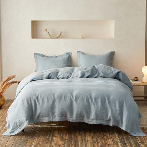 Simple&Opulence 100% Linen Duvet Cover Set with Crossed Embroidery Washed - 3 Pieces (1 Duvet Cover with 2 Pillow Shams) Soft Breathable Farmhouse - Dusty Blue, Queen Size - color: Crossed-dusty Blue, size: Queen