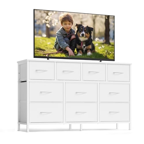 SONGMICS BELLAH Collection - Dresser for Bedroom, Chest of Drawers, TV Stand for TVs Up to 55 Inches, Living Room, Closet, 10 Drawers, Modern, Cloud White ULGS333WH02S - color: Cloud White, size: 11.8"D x 44.8"W x 26.8"H (10 Drawers)