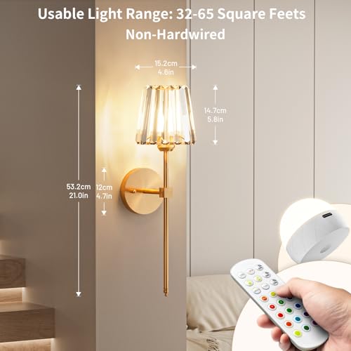Crystal Battery Operated Wall Sconces Set of 2, Gold Rechargeable Wireless Wall Sconce Lights with Crystal Lampshade, 12 RGB and 3CCT Dimmable Wall Lamps with Remote for Bedroom Living Room Hallway - color: Gold