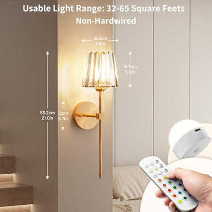 Crystal Battery Operated Wall Sconces Set of 2, Gold Rechargeable Wireless Wall Sconce Lights with Crystal Lampshade, 12 RGB and 3CCT Dimmable Wall Lamps with Remote for Bedroom Living Room Hallway - color: Gold
