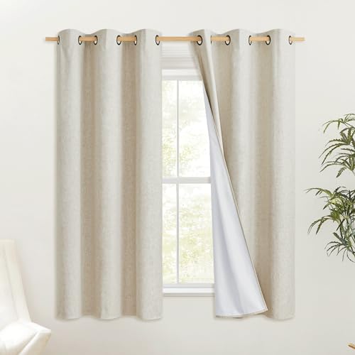 NICETOWN Natural Kitchen 100% Blackout Narrow Curtains 48 inches Long 2 Panels Set, 34" Wide, Rustic Grommet Thermal Insulated Full Blackout Window Draperies with White Liners for Cupboard - color: Natural, size: 34"W x 48"L (Pack of 2)