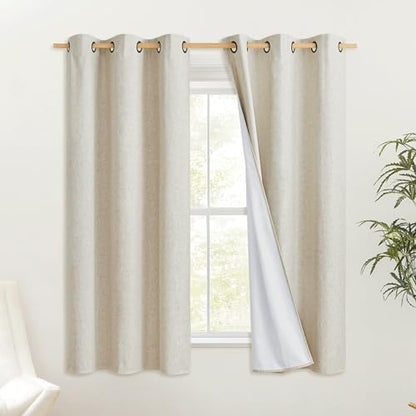 NICETOWN Natural Kitchen 100% Blackout Narrow Curtains 48 inches Long 2 Panels Set, 34" Wide, Rustic Grommet Thermal Insulated Full Blackout Window Draperies with White Liners for Cupboard - color: Natural, size: 34"W x 48"L (Pack of 2)
