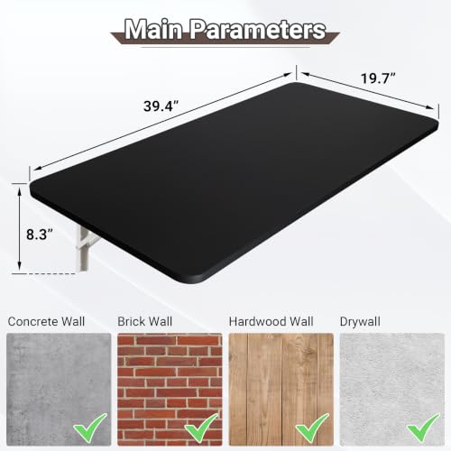 Neoaider Wall Mounted Folding Table 39.4”L x 19.7”W, Black | Laundry Folding Table with Heavy Duty Metal Collapsible Shelf Brackets, Wall Mounted Desk Fold Down for Small Spaces - color: Black, size: 39.4" x 19.7"