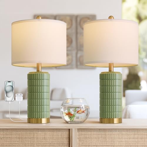 PoKat Bedside Table Lamps Set of 2 for Living Room with 2 USB Ports, 21.5'' Small Modern Nightstand Lamps for Bedroom, Ceramic Side Table Lamps with Gold Base for Office Entryway Decor Gift (Green) - color: Green and Gold