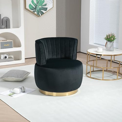 SLEERWAY 360° Swivel Barrel Chair, Modern Velvet Round Accent Chair, Comfy Upholstered Small Armchair with Gold Metal Base for Living Room Bedroom Nursery Office Sillas para Sala, Black - color: Black