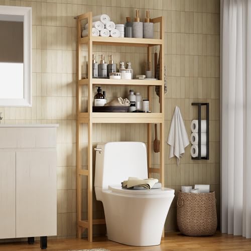 3-Tier wood over the Toilet Storage Cabinet , Simple Bathroom Storage Shelf | Space-saving freestanding Wood shelf fits above standard toilets; open 3-tier storage holds towels & toiletries.Oak - color: Oak