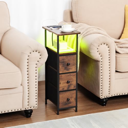 Narrow End Table with Charging Station, Small Nightstand | Skinny Side Tables Living Room with 3 Fabric Drawers, Bedside Table with LED Lights for Bedroom, Small Spaces, Rustic Brown - color: Rustic Brown + Black, size: 27.55''H (3 Drawers), style: Power