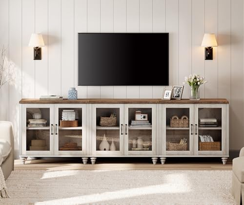 WAMPAT Farmhouse TV Stand for 100 Inch TV, Glass Wooden Universal TV Stand with 3 Storage Cabinets, Entertainment Center for 75/80/85/90 Inch TV, Console Table for Living Room, Bedroom, Rustic White - color: Rustic White-a, size: 3