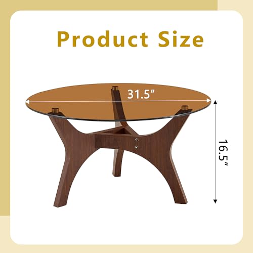 31.5" Round Glass Coffee Table, Walnut Modern Coffee Table with Brown-Tinted Tempered Glass Top, 3-Leg Geometric Base Accent Table for Living Room, Small Space - color: Walnut, size: 31.5" 3-Leg Geometric Base