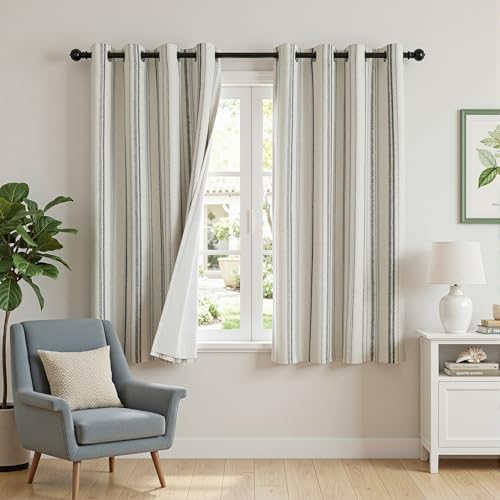 MYSKY HOME Striped Curtains 100% Blackout 96 Inches Long Grey Ticking Stripe Pinstripe Patterned Linen Farmhouse Double Layer Thermal Insulated Drapes for Living Room, Grommet, 2 Panels, 52" Wide - color: Grey/Blackout, size: 52"W x 96"L (Pack of 2)
