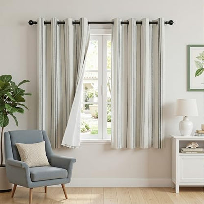 MYSKY HOME Striped Curtains 100% Blackout 96 Inches Long Grey Ticking Stripe Pinstripe Patterned Linen Farmhouse Double Layer Thermal Insulated Drapes for Living Room, Grommet, 2 Panels, 52" Wide - color: Grey/Blackout, size: 52"W x 96"L (Pack of 2)
