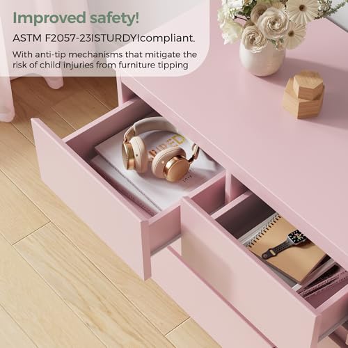 Jocoevol Modern Pink 7 Drawer Dresser for Bedroom, Simply Chest of Drawers, Wood Storage Dresser with Deep Drawers for Living Room Hallway Entryway, Pink - color: Pink