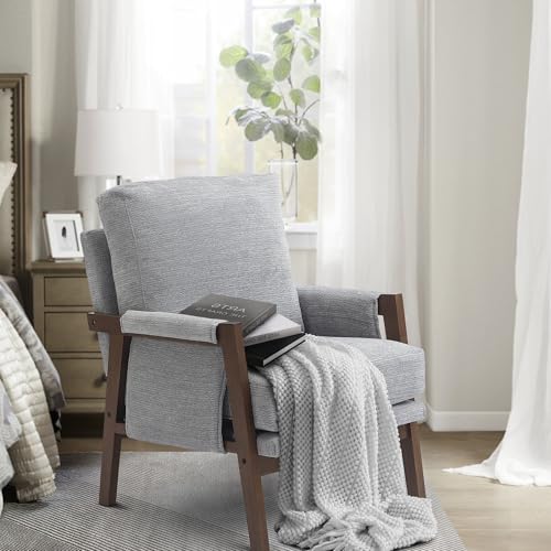 RNKSFX Grey Accent Chair for Bedroom & Living Room, Mid Century Modern Accent Arm Chair, Upholstered Anthropologie Accent Chair with Solid Wood Frame, Fabric - color: Grey