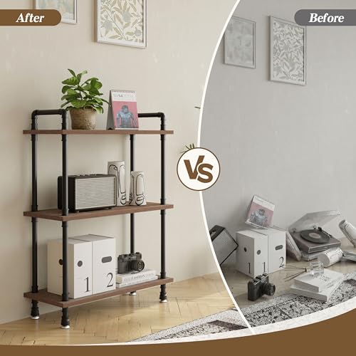 Industrial Bookshelf, Pipe Shelf Bookcase, 3 Tier, 30" Weathered Brown | Solid pine shelves, 30 inch wide, black pipe frame, 35 lbs per shelf, open bookcase for books, plants, office - color: Weathered Brown, size: 30"L × 39"H