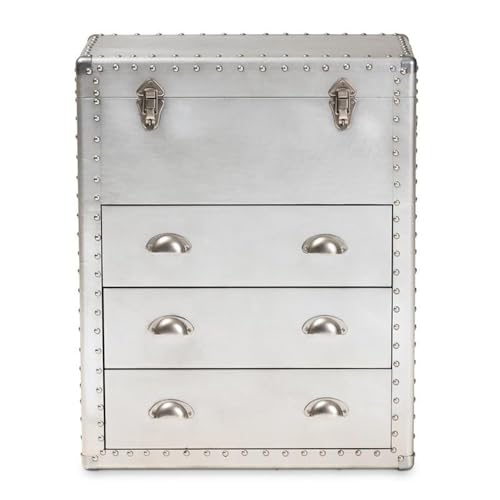 BOWERY HILL 3-Drawer Mid-Century Metal Accent Storage Chest, Silver Finish, Wood and Metal Construction, Vintage-Inspired Rivet Details, Lift-Top Compartment, Bedroom, Living Room, or Entryway Use