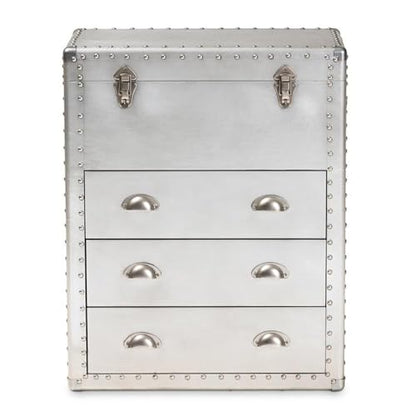 BOWERY HILL 3-Drawer Mid-Century Metal Accent Storage Chest, Silver Finish, Wood and Metal Construction, Vintage-Inspired Rivet Details, Lift-Top Compartment, Bedroom, Living Room, or Entryway Use