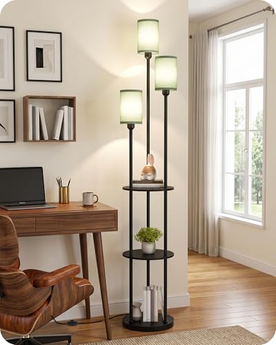 Floor Lamp with Shelves, Modern Floor Lamp with 3 Linen Shades and Foot Switch, 3-Light Standing Lamp, for Living Room, Bedroom, Study, Office, Black and Green J53LD05 - color: Black + Green