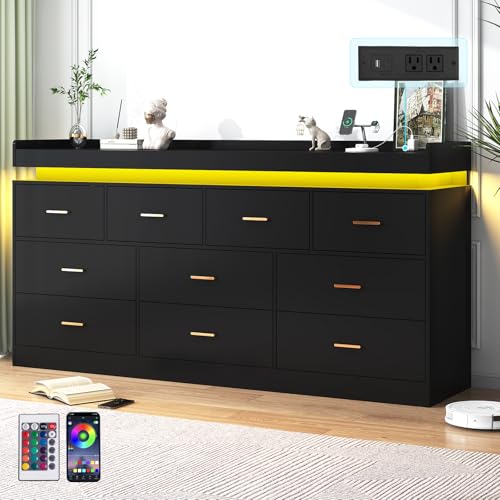 jiteentarou 10 Drawer Dresser with Charging Station and LED Lights, Modern Chest of Drawers with Power Outlet, Organizer Cabinet for, Living Room, Entryway, Black - color: Black, size: 18.9"D x 70.1"W x 39.8"H (10 Drawers)