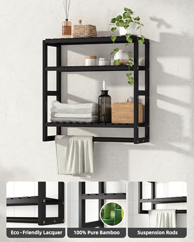 Galood Bathroom Shelves Towel Racks Over Toilet Storage with Bar (Inky) | 3 Tier Floating Wall Mounted Space Saving Bamboo Paper Holder for Bathroom Laundry Room Kitchen Organizers