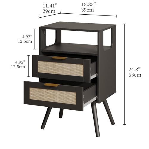 Rattan Nightstand,Farmhouse Bedside Table with 2 Storage Drawer and Open Wood Shelf, for Bedroom and Small Spaces,Night Stand with Solid Wood Legs (Black) - color: Black