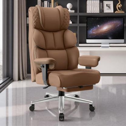 BestGlory Office Desk Chair, Big and Tall Leather Gaming Chair with Footrest, Ergonomic Comfy Executive High-Back Reclining Computer Chairs, Wide Swivel Rolling Wheels and Padded Lumbar Support, Khaki - color: Khaki, style: 3 Position Reclining