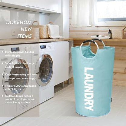 DOKEHOM 90L Large Laundry Basket Bag, Collapsible Tall Hamper, Light Blue | Freestanding tall washing bin & foldable laundry bag. High-capacity clothes storage basket with durable sturdy handles - color: Light Blue, size: 90L
