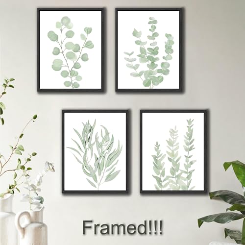 Drsoum Framed Botanical Plant Canvas Wood Wall Art Light Green Sage Wall Decor Eucalyptus Leaf Picture for Home 8”x 10” x 4pcs Black Framed - color: Botanical Wall Art, Black Frames, size: 8''x 10''x 4pcs