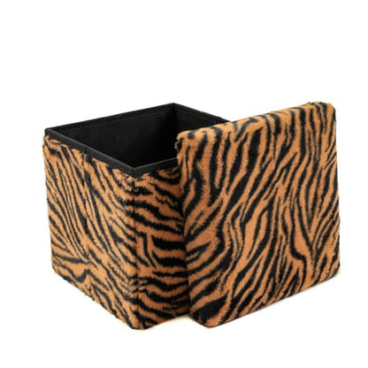 Luxe Faux Fur Storage Ottoman, Tiger Tan/White, 12 x 12 x 12 in | Engineered Wood, Tool-Free Assembly, Modern Style, Seat And Footrest - color: Tiger Tan/White, size: 12"D x 12"W x 12"H