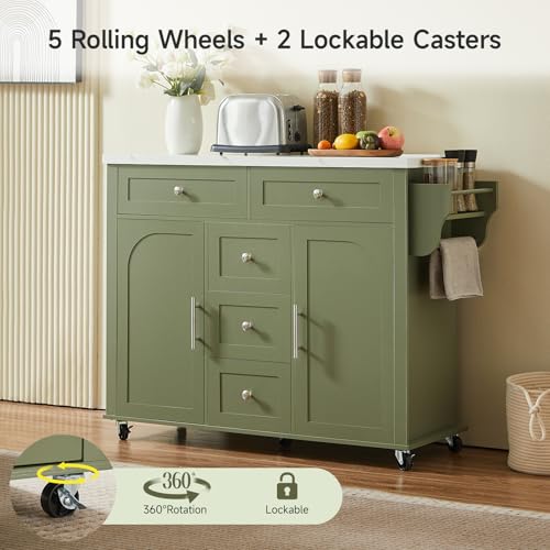 47" Kitchen Island with 2 Storage Cabinets & 5 Drawers, Green | Mobile Island Table for Kitchen with Imitation Marble Drop Leaf, Rolling Island Cart with Power Outlet, Spice Rack - color: Green