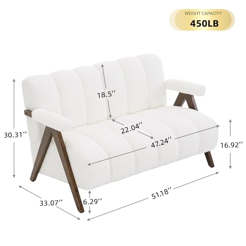 Mid Century Modern Accent Chair Loveseat Sofa with Solid Wood Frame, Boucle Upholstered Living Room Chairs with Thick Cushion, Comfy Tufted Arm Chair for Bedroom, Ivory - color: Ivory, size: 2-seater
