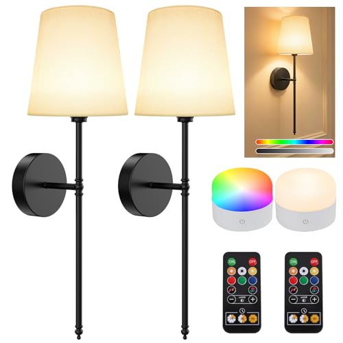 Battery Operated Wall Sconces Set of 2, Rechargeable Wireless Wall Lights with Remote, RGB Dimmable Wall Lamp for Bedroom Wall Decor Living Room Hallway (Black) - color: 23.8 inch-Black