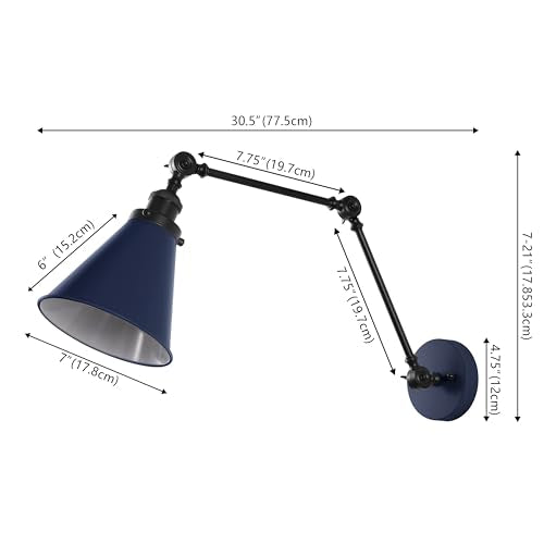 JONATHAN Y Rover 1-Light Wall Sconce 7", Navy/Black, Set of 2 | Adjustable Arm, Hardwired Bedside Reading Swing Arm, Farmhouse Cone Shade, Metal Hardwired Indoor Fixture, LED Bulbs Included - color: Navy/Black, size: Set of 2