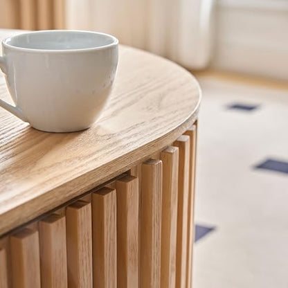 51.18'' Oval Wood Coffee Table with Drawer, Centre Table Tea Table Fluted Coffee Table Mid Century Modern Round Coffee Table Unique for Living Room Apartment-Oak - color: Oak, size: 51.18"x23.62"x14.56"