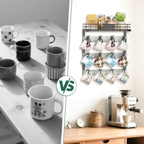 EsLuker.ly Coffee Mug Holder Cup Hanger Wall Mounted Display Rack | Metal Organizer with 12 Movable Plastic Hooks, Wood Rustic Shelf for Coffee Bar Home Kitchen, Thoughtful Wall Storage, Grey - style: 12 Movable Hooks Light Grey Style