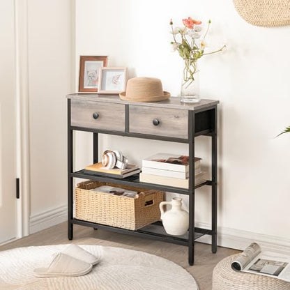 HOOBRO 29.5" Narrow Console Table with 2 Fabric Drawers, Sofa Table, Small Entryway Table with 3-Tier Storage Shelves, Behind Couch Table, for Living Room, Hallway, Greige and Black BG72XG01 - color: Greige + Black