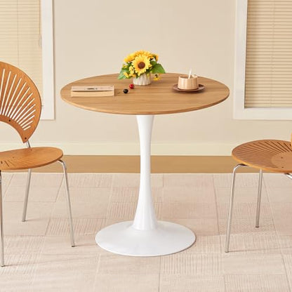 Round Dining Table, 31.5" Circle Tulip Table with Thickened Tabletop & Metal Pedestal, Mid Century Modern Bistro Table for Kitchen, Small Places, Living Room, Cafe (Faux Oak) - color: Faux Oak, size: 31.5"