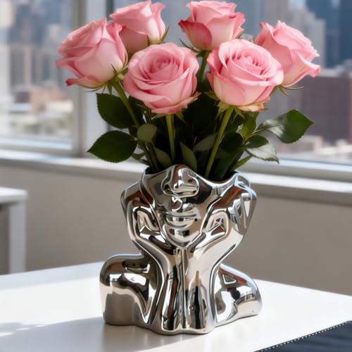 Silver Ceramic Human Face Vase, Shy Posture Decorative Human-Shaped Vase Modern Silver Decorative Art Vases - style: Silver Hands on Cheeks