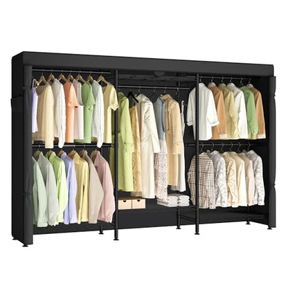 SONGMICS Heavy-Duty Rolling Clothes Rack, Garment Rack, Portable Closet, with Adjustable Mesh Shelves and Hanging Rails, Fabric Cover, 15.8 x 86.4 x 76 Inches, Ink Black ULGR437BH01 - color: Ink Black, size: 86.4"L x 76"H, style: With Fabric Cover