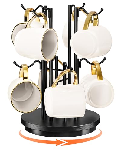 8-Hook 360° Rotating Large Coffee Mug Tree for Counter, Wood Base, Black | 360° rotation, 8 mugs (12-16oz), 5.7" spacing, anti-slip, metal/wood, stable. - color: Black