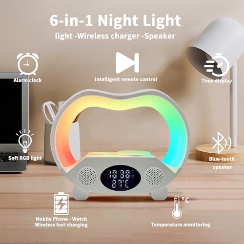IHAO 6in1 Wireless Charging Station with Bluetooth Speaker Time&Temperature Display Alarm Clock 7-Color LED Night Lights Fast Charger for Phone, Apple Watch, Earbuds Remote Control Auto Shutoff-White - color: 6in1 Wireless Charger Alarm Clock ZS932 White