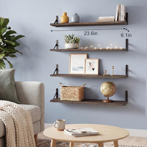 YGEOMER 23.6in Floating Shelves for Wall Home Decor, Brown, Wood, Set of 4 | Rustic wood shelves with metal brackets. Space-saving for books & decor. Works in bathroom, kitchen, living room & bedroom. - color: Brown, size: 23inch Standard